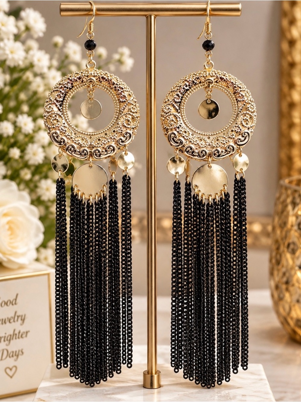 Gold and Black Boho Tassel Drop Earrings - Women Jewelry